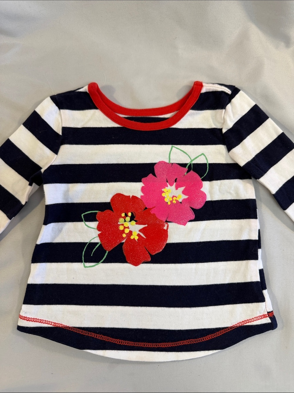 Place Navy & White Stripe Long-Sleeve Top with Red and Pink Floral Appliqués